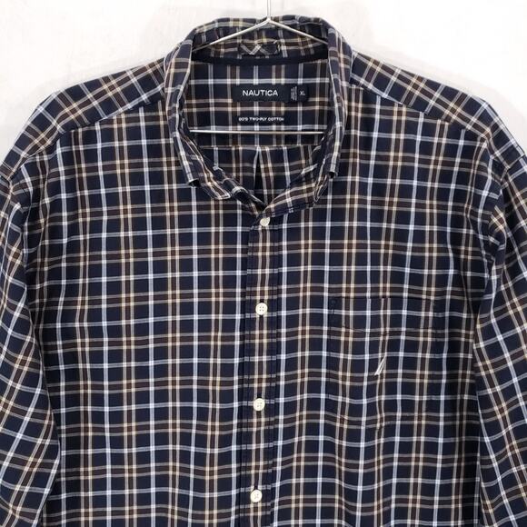 Nautica 80s Two Ply Cotton Shirt Mens Extra Large Navy Plaid Cabin Button Down - Picture 2 of 12